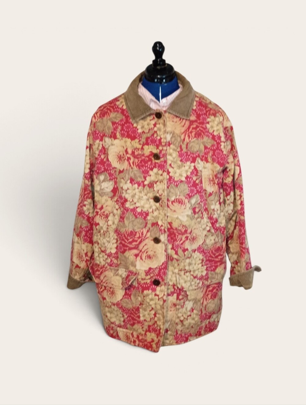 L.L. Bean Pink and Tan Floral Quilted Trench Coat with Corduroy Collar